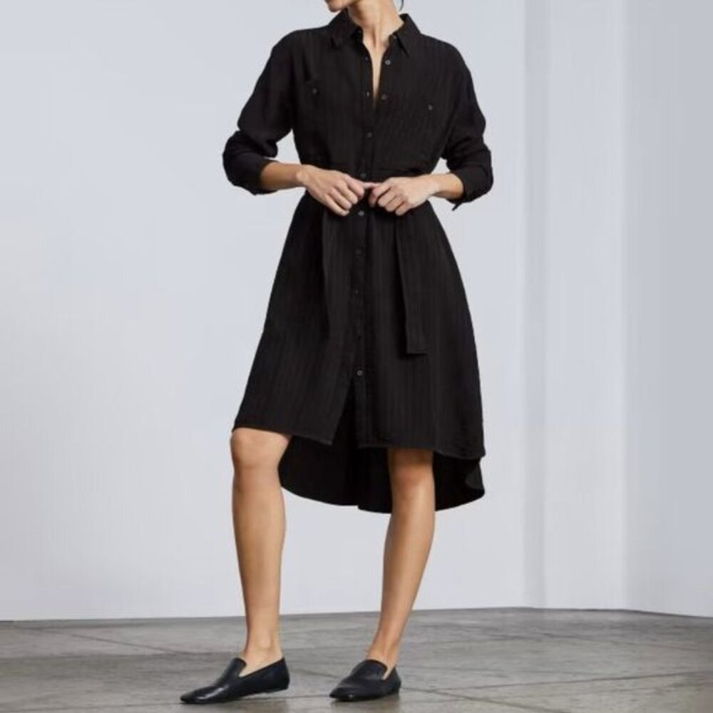 Black Button-Front Shirt Dress with Tie Waist